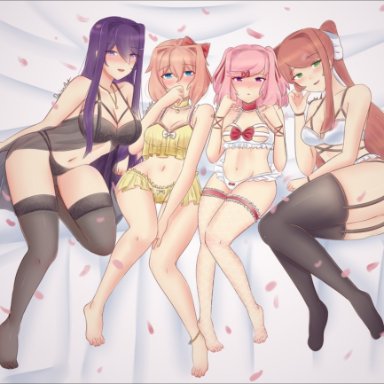 doki doki literature club, yuri (doki doki literature club), raionart, 4girls, babydoll, belly button, blue eyes, blush, bra, brown hair, choker, female only, fishnet, fishnet legwear, fishnets