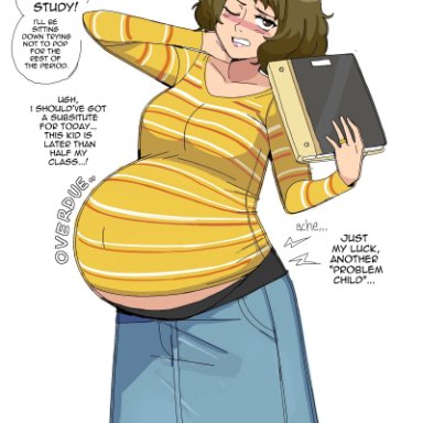 persona, persona 5, sadayo kawakami, lewdlemage, annoyed, back pain, breasts, brown hair, female only, female solo, folder, pregnant, ready to pop, solo female, solo focus