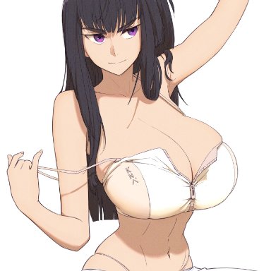 kill la kill, kiryuuin satsuki, kuroneko pantsu, 1girls, arm up, bangs, bare shoulders, black hair, blunt bangs, breasts, cleavage, closed mouth, collarbone, crop top, female