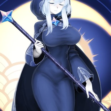 genshin impact, blessing of the welkin moon, barbariank, 1girls, black dress, blue hair, breasts, cloak, closed eyes, clothing, covered navel, crescent, crescent moon, dress, eyebrows visible through hair