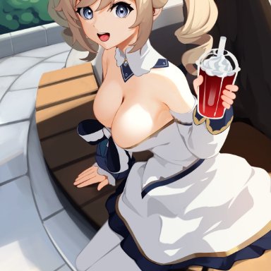 genshin impact, barbara (genshin impact), ett, 1girls, areolae, bare shoulders, big breasts, blonde hair, blue eyes, breasts, cleavage, cute, dress, female, female only