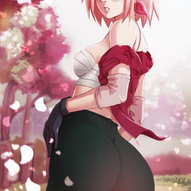 naruto, naruto (series), naruto shippuden, sakura haruno, aboart, 1girls, arm sleeves, ass, bandages, bare shoulders, bent elbows, biker shorts, black gloves, black shorts, breasts