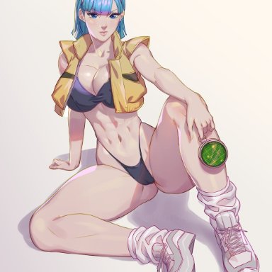 dragon ball, dragon ball z, bulma briefs, arttoru, abs, adapted costume, arm support, bangs, bare shoulders, bikini, black bikini, blue eyes, blue hair, breasts, cleavage