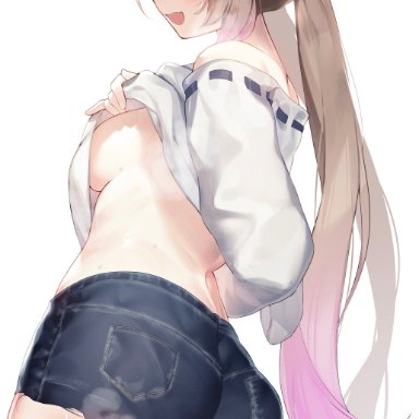 original, original character, tamafurin, 1girls, ass, blush, breasts, brown hair, butt crack outline, clothed, clothing, denim, denim shorts, dyed hair, green eyes