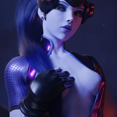 blizzard entertainment, overwatch, slushe (website), widowmaker, cheerax, 1girls, arm tattoo, blue body, blue hair, blue lipstick, blue skin, clothed, clothing, depth of field, earrings