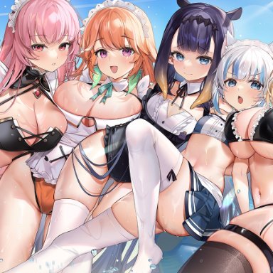 hololive, hololive english, gawr gura, mori calliope, ninomae ina'nis, takanashi kiara, watson amelia, machi7769, 5girls, animal ears, big breasts, bikini, bikini bottom, bikini top, blonde hair