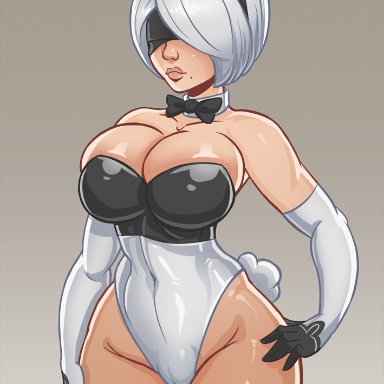 nier: automata, yorha 2b, monolithic-sloth, 1girls, beauty mark, blindfold, bowtie, breasts, bunny ears, bunnysuit, cameltoe, choker, cleavage, clothed, elbow gloves