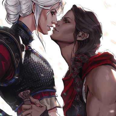 assassin's creed (series), assassin's creed odyssey, cd projekt red, the witcher (series), the witcher 3: wild hunt, ciri, kassandra, alexineskiba, 2girls, clothing, dark-skinned female, female, holding hands, imminent kiss, imminent sex