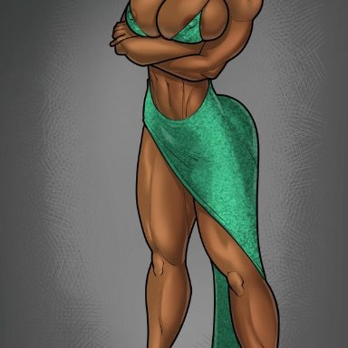 hero tales, violent milieu, rabies-t-lagomorph, 1girl, big breasts, big butt, brown eyes, brown hair, cleavage, dark-skinned female, female, green dress, high heels, looking at viewer, muscular female