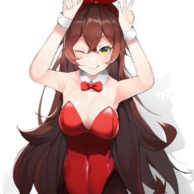 genshin impact, mihoyo, amber (genshin impact), t373412, 1girls, bunnysuit, cleavage, detached collar, detached cuffs, eyebrows visible through hair, female, female only, long hair, one eye closed, only female