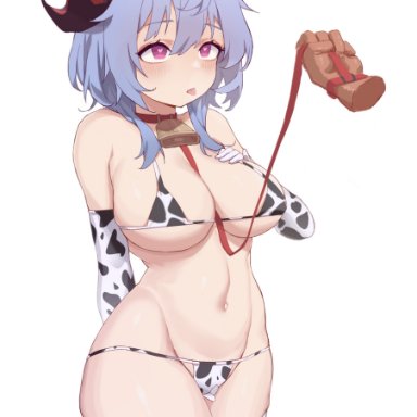 genshin impact, ganyu (genshin impact), 1boy, ahoge, alternate costume, animal print, bangs, bell, bikini, blue hair, blush, breasts, chuxinzhe maochongchong, collar, cow print