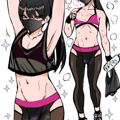 original, nagano rira, black hair, bulge, crossdressing, dark hair, femboy, girly, looking at viewer, mouth mask, simple background, sports bra, sports uniform, sportswear, sweat