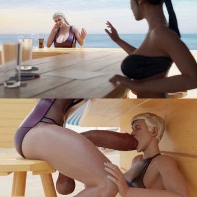 mortal kombat, mortal kombat 11, cassie cage, kitana, sindel, nyl2, 1futa, athletic futanari, beach, blowjob, fellatio, futa on female, futanari, huge cock, large penis