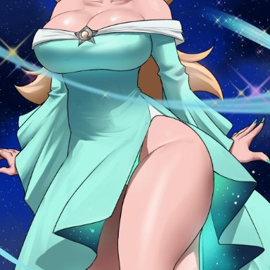 mario (series), nintendo, super mario galaxy, luma, princess rosalina, echosaber, 1girls, blonde hair, blue eyes, breasts, clothed, clothed female, female, hips, huge breasts