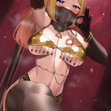 hololive, aki rosenthal, frikulu, belly dancer, belly dancer outfit, bra, breasts, dancer, dancer outfit, face mask, stripper pole, thick thighs, thighhighs, underboob, virtual youtuber