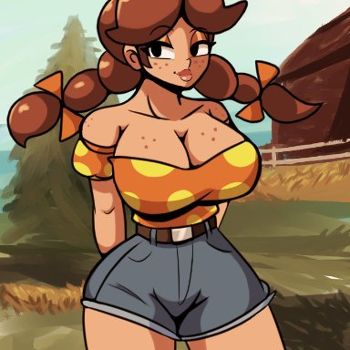 mario (series), nintendo, princess daisy, iggy-bomb, 1girls, alternate breast size, alternate hairstyle, brown hair, cleavage, denim shorts, female, female only, freckles, huge breasts, looking at viewer