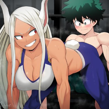 my hero academia, izuku midoriya, miruko, rumi usagiyama, devilukez, 1boy, 1girls, breasts, brown skin, cleavage, dark-skinned female, dark skin, female, fit, fit female