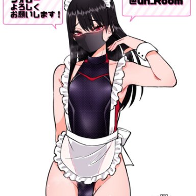 original, nagano rira, apron, black hair, bulge, crossdressing, dark hair, femboy, frilled apron, frills, girly, legwear, looking at viewer, looking back, simple background