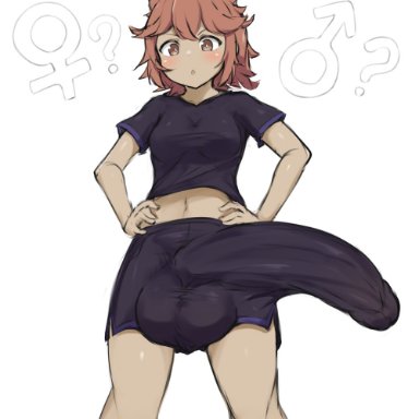 copyright request, character request, ftnranat, 1futa, animal ears, balls, big penis, blush, brown eyes, bulge, bulge through clothing, bulging, clothed, clothing, erection