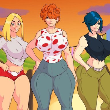 cartoon network, ed edd n eddy, kanker sisters, lee kanker, marie kanker, may kanker, jay-marvel, 3futas, 3girls, afro, blonde, blonde hair, blue eyes, cameltoe, cleavage