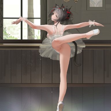 arknights, schwarz (arknights), alternate costume, animal ears, anus, ass, ballerina, ballet, ballet slippers, bangs, bare legs, bare shoulders, barre, black hair, breasts