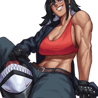 original, original character, sotcho, abs, belt, biceps, black gloves, black hair, black jacket, brown belt, denim, ear piercing, earrings, female, glasses