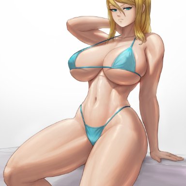 metroid, samus aran, superbusty, 1girls, big breasts, bikini, blonde hair, blue eyes, female, female only, hand behind head, large breasts, looking at viewer, midriff, navel