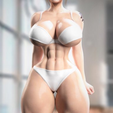 overwatch, brigitte, audrix, abs, big breasts, bikini, muscular, muscular female, red hair, smile, swimsuit, thick thighs, 3d, tagme