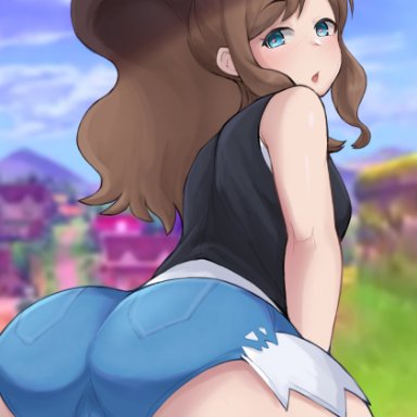 nintendo, pokemon, pokemon bw, hilbert (pokemon), hilda (pokemon), artsheops, 1boy, 1girls, ass, ass focus, ass shot, back, back view, black vest, blue eyes