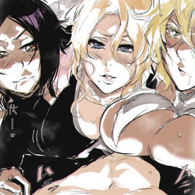 bleach, matsumoto rangiku, shihouin yoruichi, tia harribel, toshiro hitsugaya, maxi, 1boy, 3girls, armor, before sex, between legs, big breasts, blonde hair, blue eyes, blush