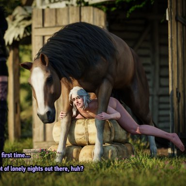 the witcher 3: wild hunt, ciri, yennefer, fenrir'srevenge, 2girls, bestiality, caught, feral, feral penetrating, feral penetrating human, horse, horsecock, human penetrated, naked, naked female