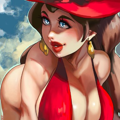 mario (series), super mario odyssey, pauline, noblood, ryandomonica, 1girls, blue eyes, breasts, brown hair, female, female only, hi, large breasts, lipstick, solo