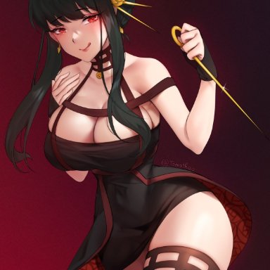 spy x family, yor briar, tomathao, 1girls, big breasts, black hair, cleavage, curvy, dress, female, female only, hair ornament, large breasts, looking at viewer, red eyes
