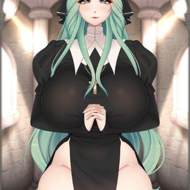 fire emblem, fire emblem: three houses, nintendo, rhea (fire emblem), cryptid crab, 1girls, alternate costume, bare thighs, beauty mark, breasts, female, female only, green eyes, green hair, large breasts