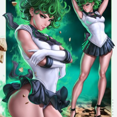 one-punch man, sailor moon, tatsumaki, dandon fuga, 1girls, cosplay, green hair, short hair