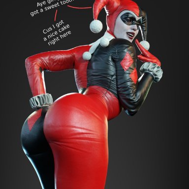 dc, dc comics, harley quinn, harley quinn (classic), smitty34, ass, big ass, bubble ass, bubble butt, looking at viewer, looking back, makeup, pale-skinned female, pale skin, superheroine