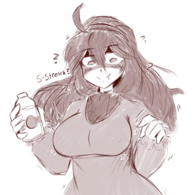 hex maniac, critnuke, ahe gao, big breasts, bra, breast expansion, moomoo milk, nipple slip, nipples visible through clothing, torn bra, torn clothes, torn clothing, wardrobe malfunction, white background, animated