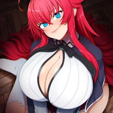 high school dxd, rias gr&#1077;mory, neocoill, 1girls, big breasts, blue eyes, demon girl, huge breasts, red hair, school uniform, schoolgirl, solo