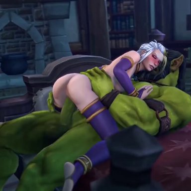 world of warcraft, jaina proudmoore, thrall, galianbeastsfm, munt works, 1boy, 1girls, embarrassed, green skin, human, interspecies, male moaning, missionary position, moaning, muscular