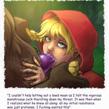 big bad wolf, little red riding hood, red riding hood, joachim, blonde hair, blowjob, canine, canine penis, cum in mouth, forced oral, freckles, green eyes, hair pull, handlebars, pulling hair