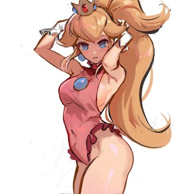 mario (series), nintendo, princess peach, jimbobox, 1girls, arms up, bare shoulders, blonde hair, blue eyes, breasts, brooch, covered navel, crown, female, female only