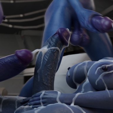 mass effect, asari, liara t'soni, banap, alien, alien girl, asari futanari, athletic futanari, big areola, big balls, big breasts, big cock, big penis, blue skin, breasts