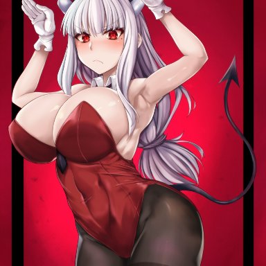 helltaker, lucifer (helltaker), zatma, 1girls, armpits, ass, big ass, big breasts, blush, breasts, bunny ears, bunnysuit, demon girl, demon tail, gloves