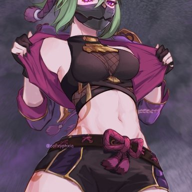 genshin impact, kuki shinobu, oofxyphxia, 1girl, 1girls, abs, ass, breasts, clothed, clothing, female, female only, gloves, green hair, hair ornament