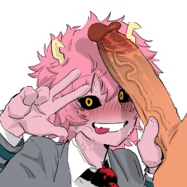 my hero academia, eijirou kirishima, mina ashido, dekosukentr, 1girls, black sclera, blush, disembodied penis, erection, female, gyaru, heavy breathing, horns, kogal, large penis