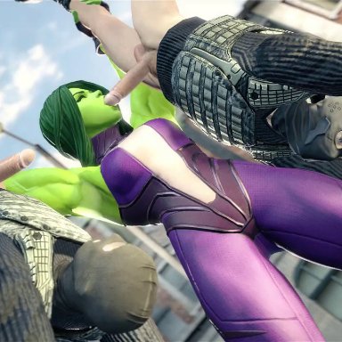 marvel, marvel comics, she-hulk, xentho, 1girls, 2boys, blowjob, erection, female, large penis, male, pale-skinned male, size difference, upside-down, 3d
