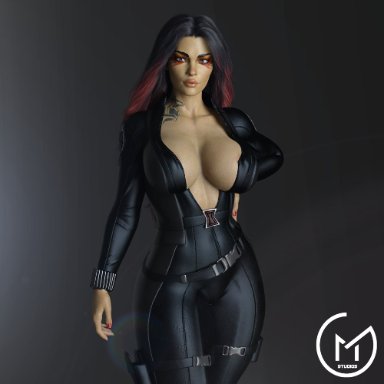 apex legends, black widow (cosplay), loba, loba (apex legends), loba andrade, gm studios, big breasts, bodysuit, cosplay, dark-skinned female, inner sideboob, painted nails, tattoo, thick thighs, two tone hair