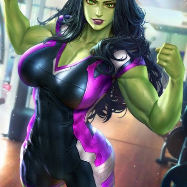 hulk (series), marvel, marvel comics, jennifer walters, she-hulk, neoartcore, abs, big breasts, bodysuit, fit, fit female, flexing, green eyes, green hair, green skin