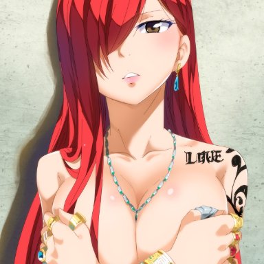 fairy tail, erza scarlet, gaston18, against wall, blush, bracelet, breast squeeze, brown eyes, cleavage, collarbone, colored eyelashes, covering breasts, crossed arms, earrings, female