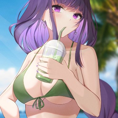 genshin impact, raiden shogun, bakemonsou, bikini, female, green bikini, light-skinned female, light skin, purple eyes, purple hair, swimsuit, swimwear, two piece swimsuit